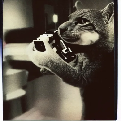 Prompt: polaroid photo of a t - rex 🦖 taking a polaroid photo of a cat