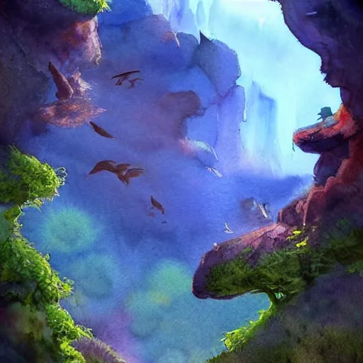 Prompt: beautiful lush natural scene on another planets cliffs, with interesting creatures. different than earth but beautiful. lightfall. beautiful detailed artistic watercolor 8 k hd. trending on artstation and deviantart.