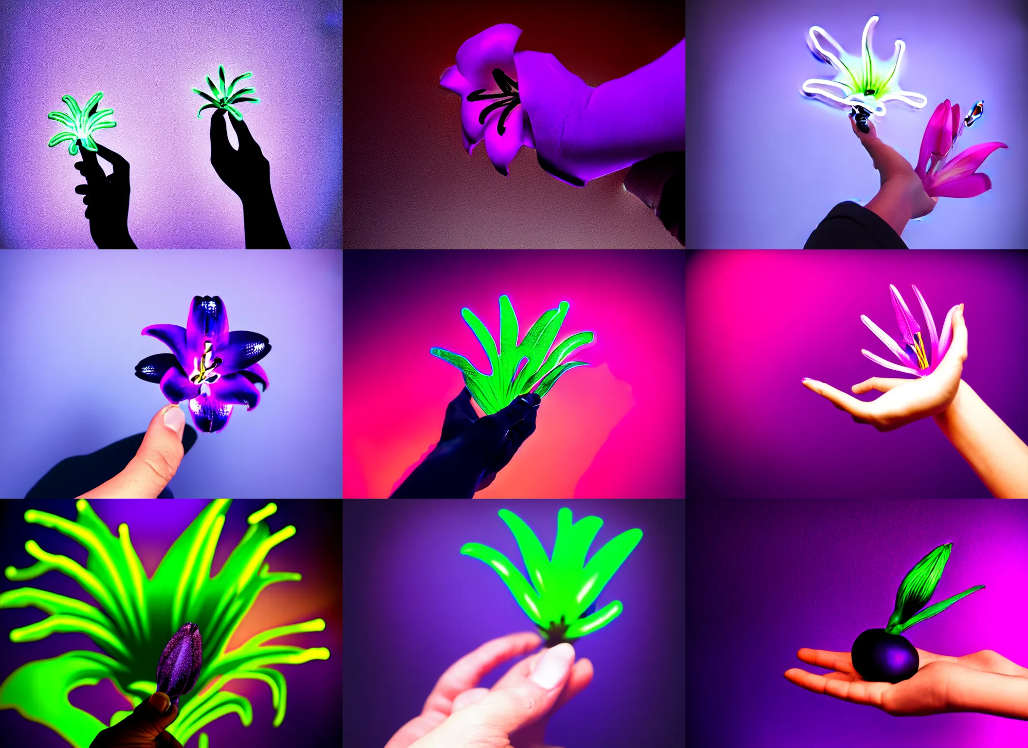 Prompt: hand holding on palm neon lily one flower, studio shot, black purple studio background, studio lighting, night dramatic lighting, trending on ArtStation, concept art, no surroundings, high detail, ray tracing, picturesque artwork, 4K, 8K, super graphically realistic detailed, high definition, HDR