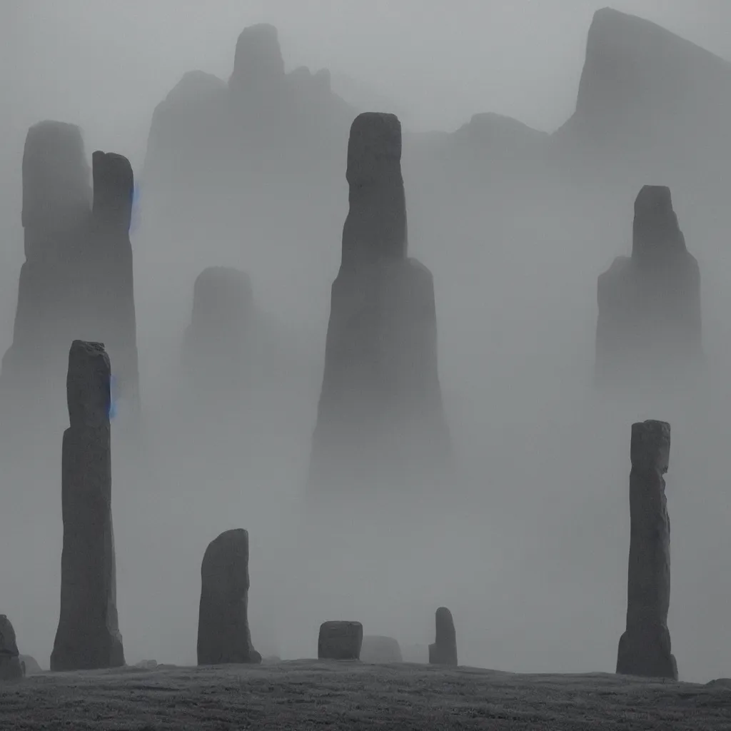 Prompt: landscape with monoliths, surrealism, low contrast, mist