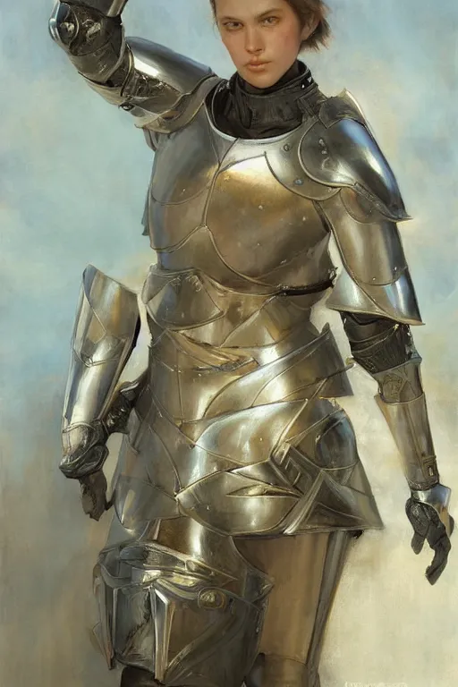 Prompt: an upper body portrait of a female knight, oil painting, by ross tran and and Edgar Maxence and julie bell