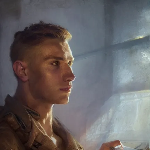 Prompt: handsome portrait of a young guy fitness posing, war hero, studying, radiant light, caustics, reflective water, by gaston bussiere, bayard wu, greg rutkowski, giger, maxim verehin