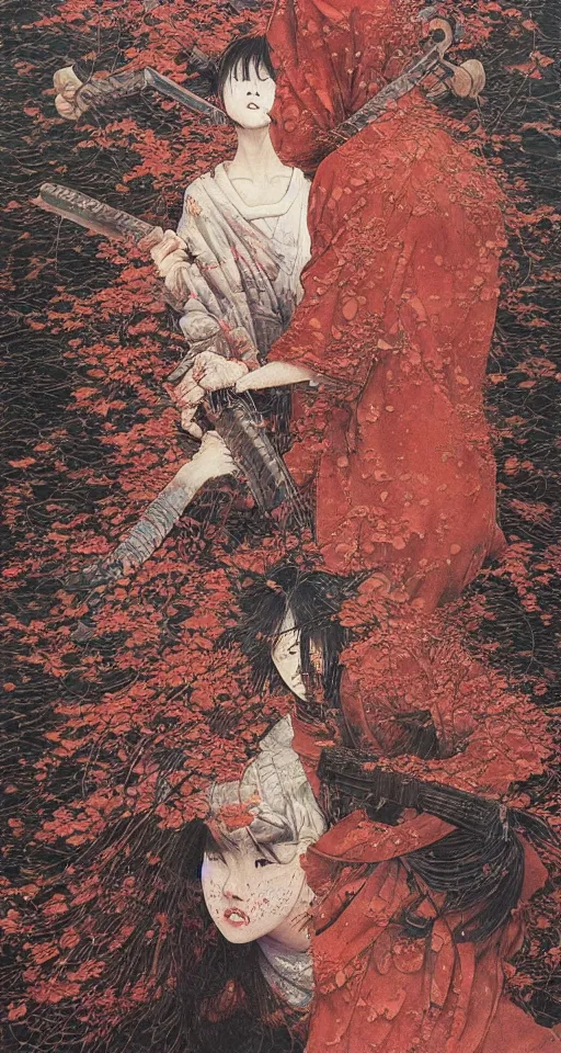 Image similar to Japanese schoolgirl runs away from Samurai with a katana on the subway, high detailed Beksinski painting, part by Adrian Ghenie and Gerhard Richter. art by Takato Yamamoto. masterpiece