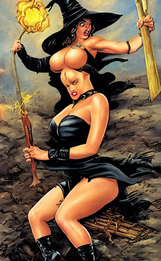 Prompt: pinup of a witch reclining on a broom, by Jeff Easley and Simon Bisley