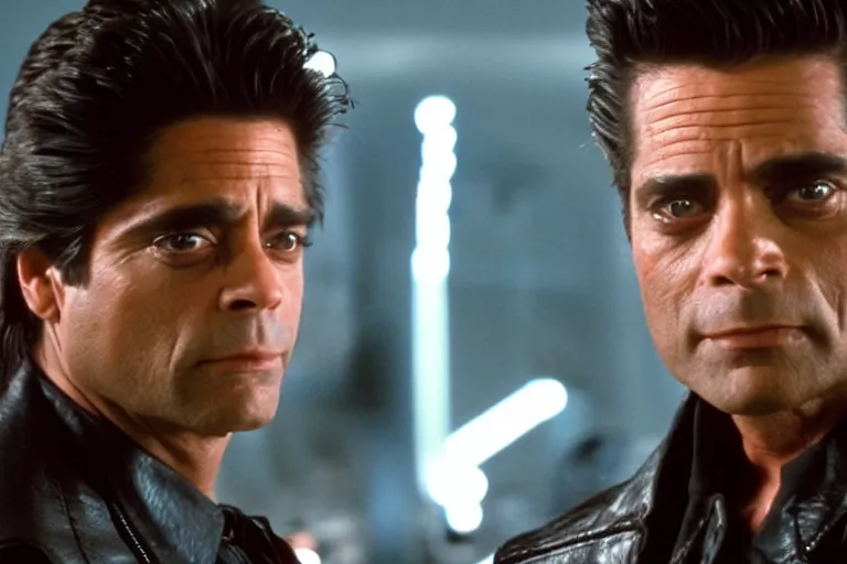 Image similar to uncle jesse from full house, he looks like a terminator, metal on his face, one red eye, movie still, from the movie terminator, 8 k, cinematic lighting