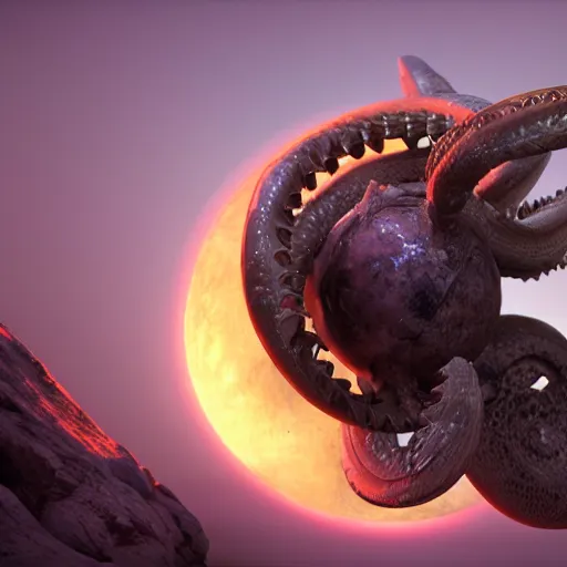 Prompt: a biomechanical space kraken eating one of the moons of Jupiter, hype realistic, Octane render, Unreal Engine 3D