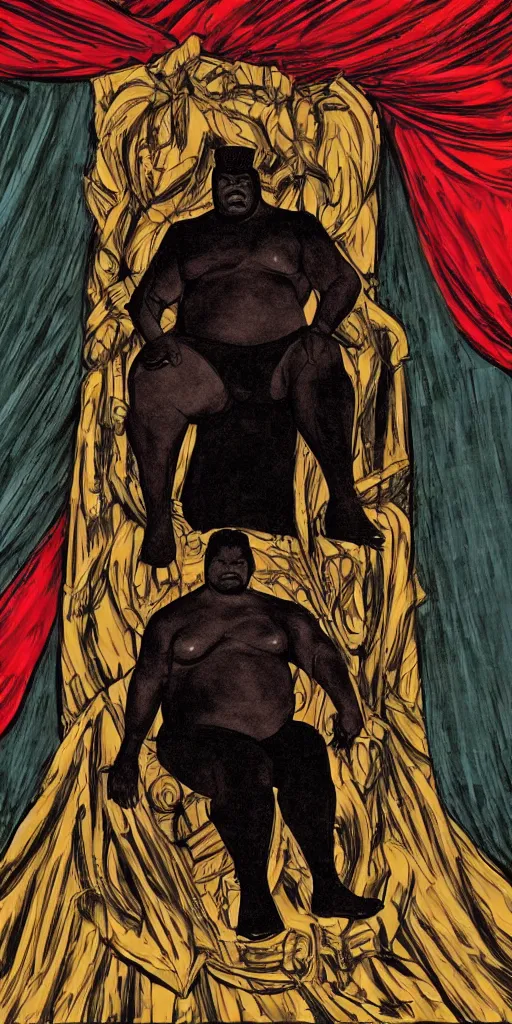 Image similar to style of frank miller, anatomically correct portrait of big black man sitting on throne, background made of big curtains