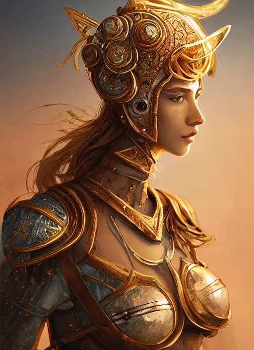 Image similar to portrait knights of zodiac girl, golden and copper shining armor, in ruined agora of athens sunrise, ssci - fi and fantasy, intricate and very very beautiful and elegant, highly detailed, digital painting, artstation, concept art, smooth and sharp focus, illustration, art by ilya kuvshinov and z - - ed and tian zi and wlop