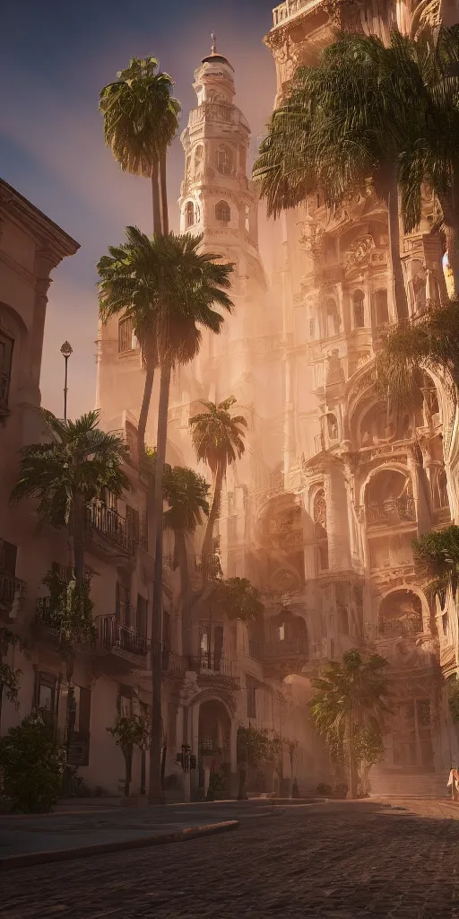 Image similar to the city of santa barbara, spanish architecture, beautiful composition, rays of light, light dust, octane render, unreal engine, photography, 8 k