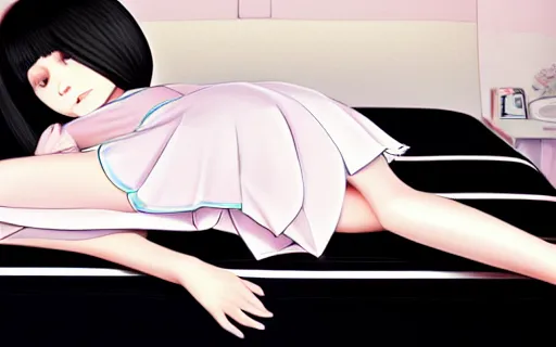 Image similar to little girl with long black hair dressed in a simple white dress laying down on an bed, anime art style, digital art by ilya kuvshinov, inspired by balthus, hd, 4 k, hyper detailed, rear view