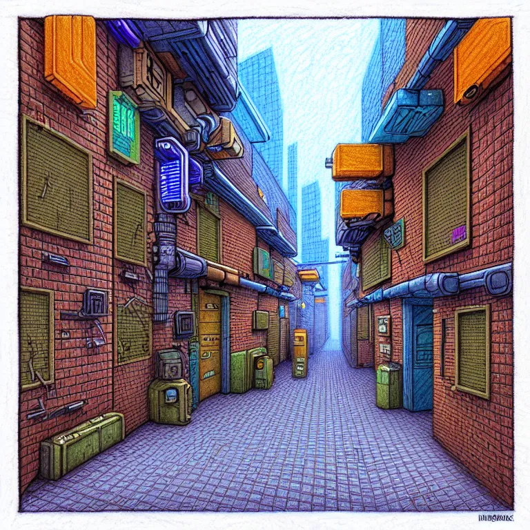 Image similar to an absurdly-detailed isometric cyberpunk alleyway colored-pencil drawing as a fancy square tile
