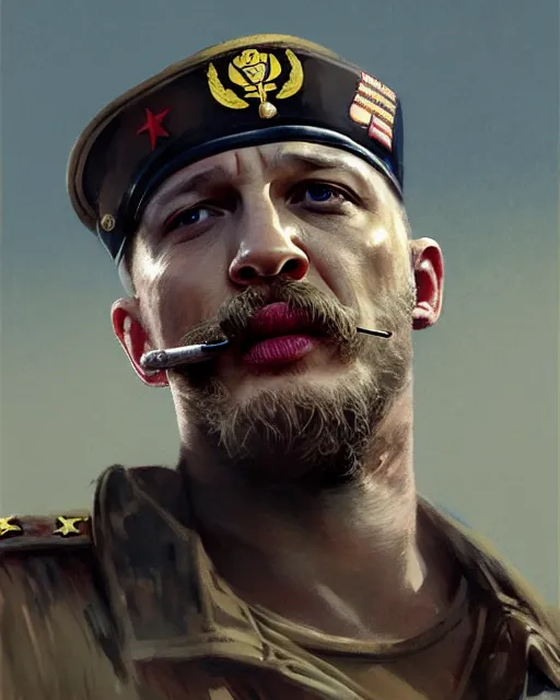 Image similar to tom hardy as a veteran soldier in vietnam, wounded, smoking a cigar | | realistic shaded, fine details, fine - face, realistic shaded lighting painting by greg rutkowski, diego gisbert llorens, magali villeneuve, artgerm, jeremy lipkin, michael garmash, rob rey