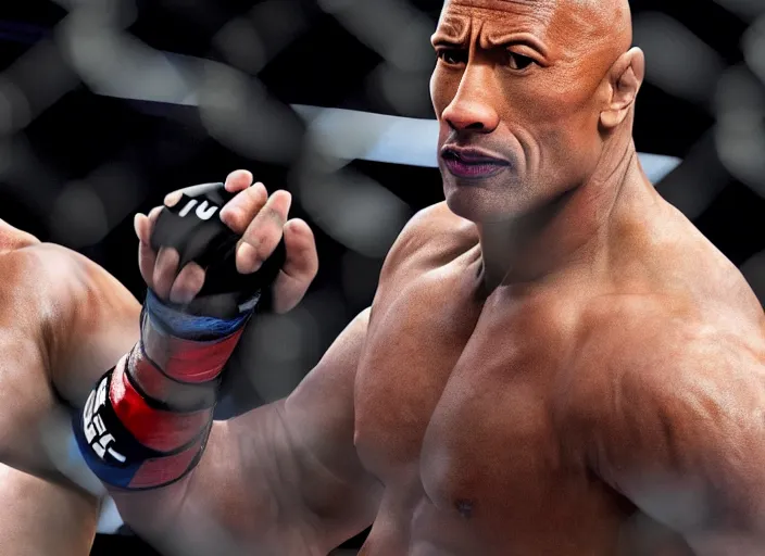 Image similar to dwayne the rock johnson in the ufc, 4 k, photorealistic