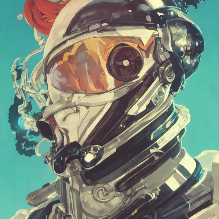 Image similar to anime skull portrait space pirate captain, futuristic science fiction, mucha, hard shadows and strong rim light, art by jc leyendecker and atey ghailan and sachin teng