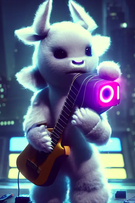 Image similar to high quality 3 d render very cute fluffy! cyborg cow plays guitar, cyberpunk highly detailed, unreal engine cinematic smooth, in the style of blade runner & detective pikachu, hannah yata charlie immer, moody light, low angle, uhd 8 k, sharp focus