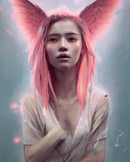 Prompt: detailed portrait of girl angel with asian eyes, with wings, pink hair, elite, elegant, luxury, by ismail inceoglu dragan bibin hans thoma greg rutkowski alexandros pyromallis nekro rene maritte illustrated, perfect face, fine details, realistic shaded, fine - face, pretty face