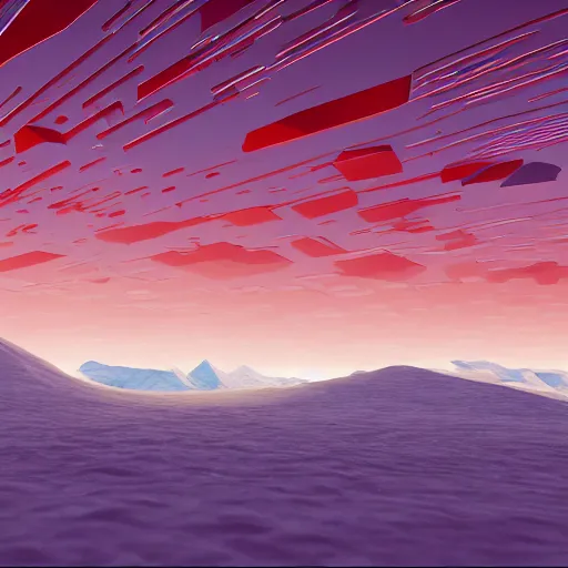Image similar to tundra landscape with giant red low-poly structures floating in the sky