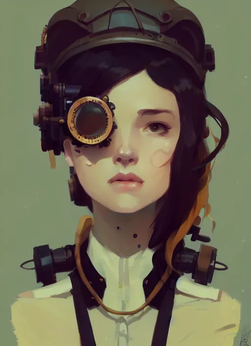 Image similar to portrait of cute girl, steampunk by atey ghailan, by greg rutkowski, by greg tocchini, by james gilleard, by joe gb fenton, by in gb kaethe butcher, dynamic lighting, gradient light yellow, brown, blonde cream and white color in scheme, grunge aesthetic