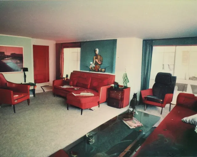 Image similar to An award winning photo of 1970's living room, freshly decorated, 4k, color Polaroid photo