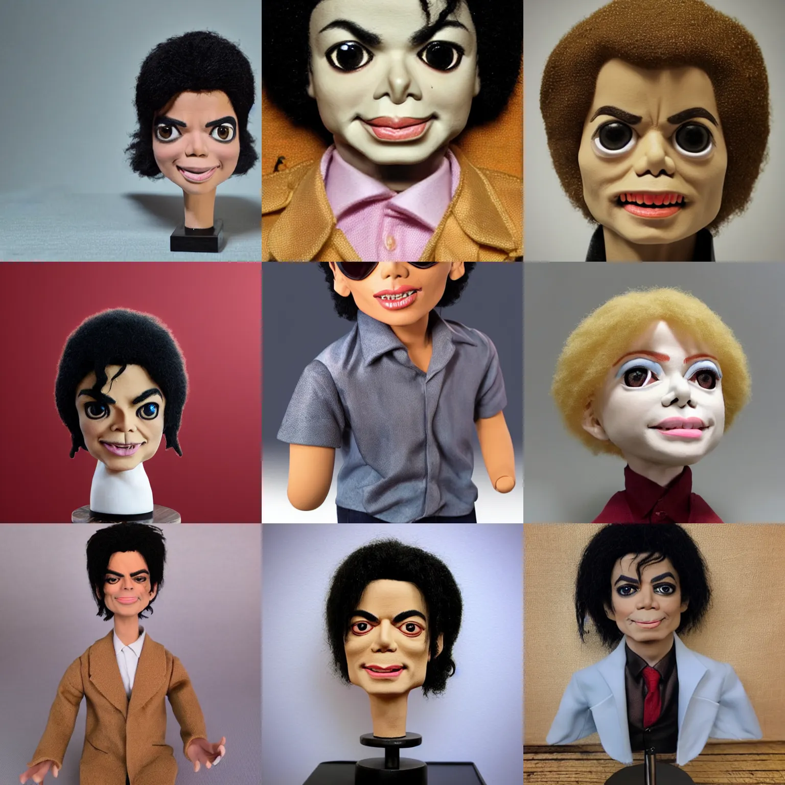 Prompt: michael jackson!!! very realistic!!! smooth specular clay! extremely close smooth specular sculpted headshot of michael jackson puppet doll , soft light, fog , on wooden table. style: claymation puppet kids clay , by guldies