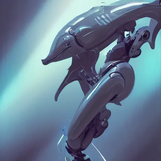 Image similar to concept art of robot in dolphin by jama jurabaev, brush stroke, robotic cyberpunk dolphin, scifi, trending on artstation, high quality, extremely detailed