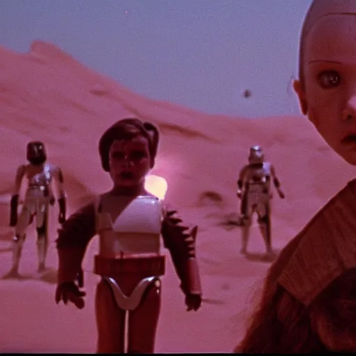 Prompt: wide scenic shot from the scene from the David Lynch production of star wars where the conjoined children play. The children are conjoined at the head and neck, they share one head. Cinematic, VHS copy, film grain, 35mm film.