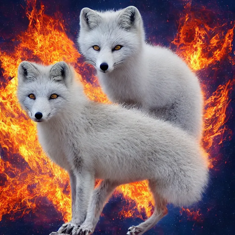 Prompt: surrealistic arctic fox surrounded by fire and ice and destruction in the center of world photorealistic hyperrealistic symmetrical detailed fractal