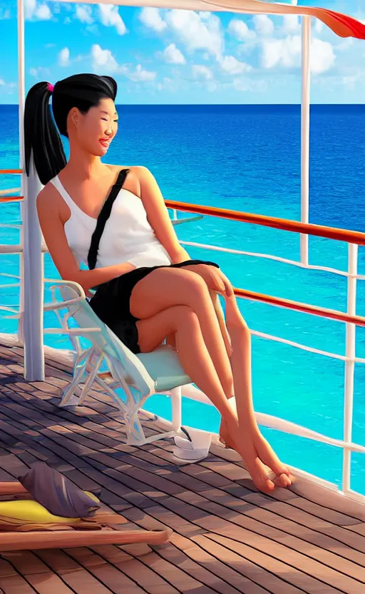 Prompt: asian woman with black ponytail sitting on a beach chair on a a cruise ship overlooking the bahamas, digital art high detail