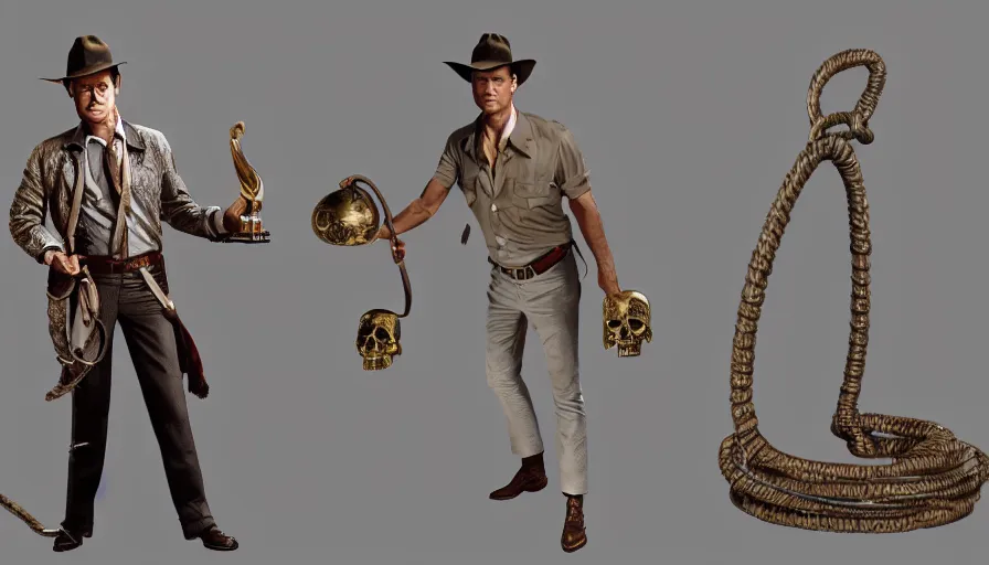 Image similar to young roger moore as indiana jones holding a whip in left hand and holding a golden mayan skull in the right hand, grey background, hyperdetailed, artstation, cgsociety, 8 k