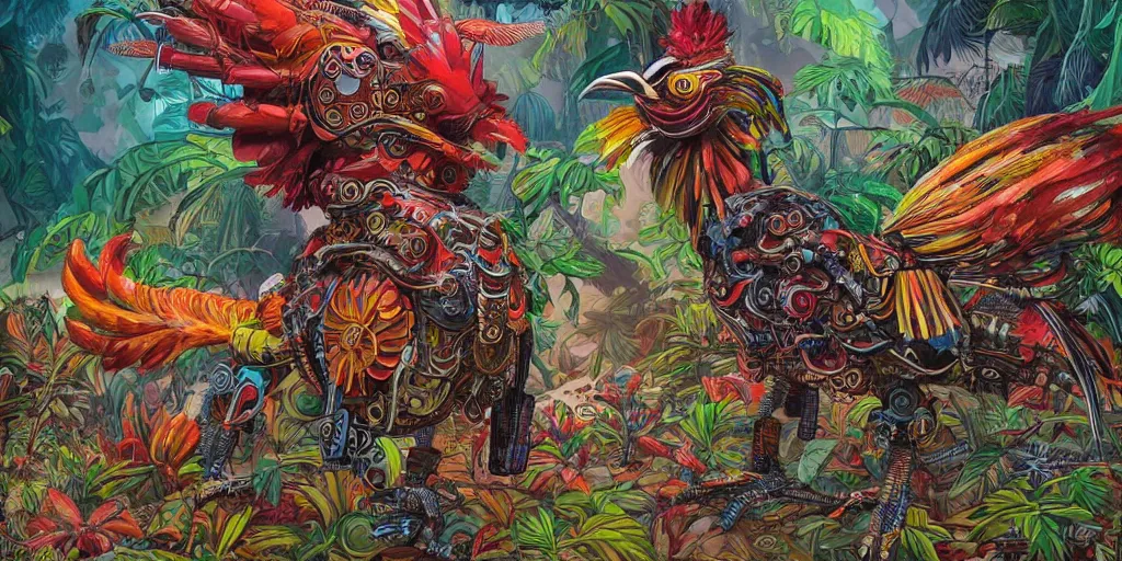 Prompt: colorful illustration of a fully armored mechanical rooster in a dense jungle, diselpunk, mix of styles, style combination, hyper detailed, intricate
