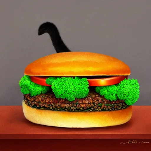 Image similar to a cat eats a multilayer vegetarian broccoli burger, highly detailed, digital painting, sharp focus, fantasy art