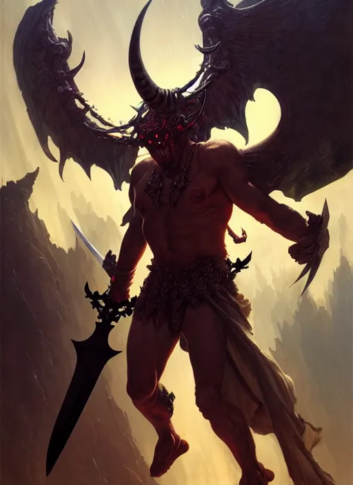 Image similar to a male horned demon fighter with a huge sword and wings, dim light, front game card, marvel comics, dark, intricate, highly detailed, smooth, artstation, digital illustration by ruan jia and mandy jurgens and artgerm and wayne barlowe and greg rutkowski and zdislav beksinski