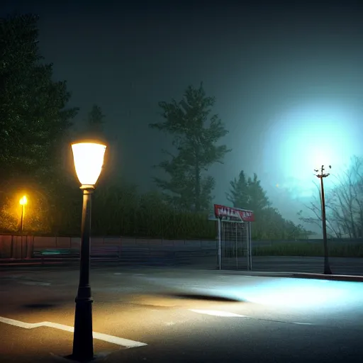 Image similar to an empty parking lot at midnight lit by streetlamps werewolf from van helsing werewolf from van helsing werewolf from van helsing unreal engine hyperreallistic render 8k