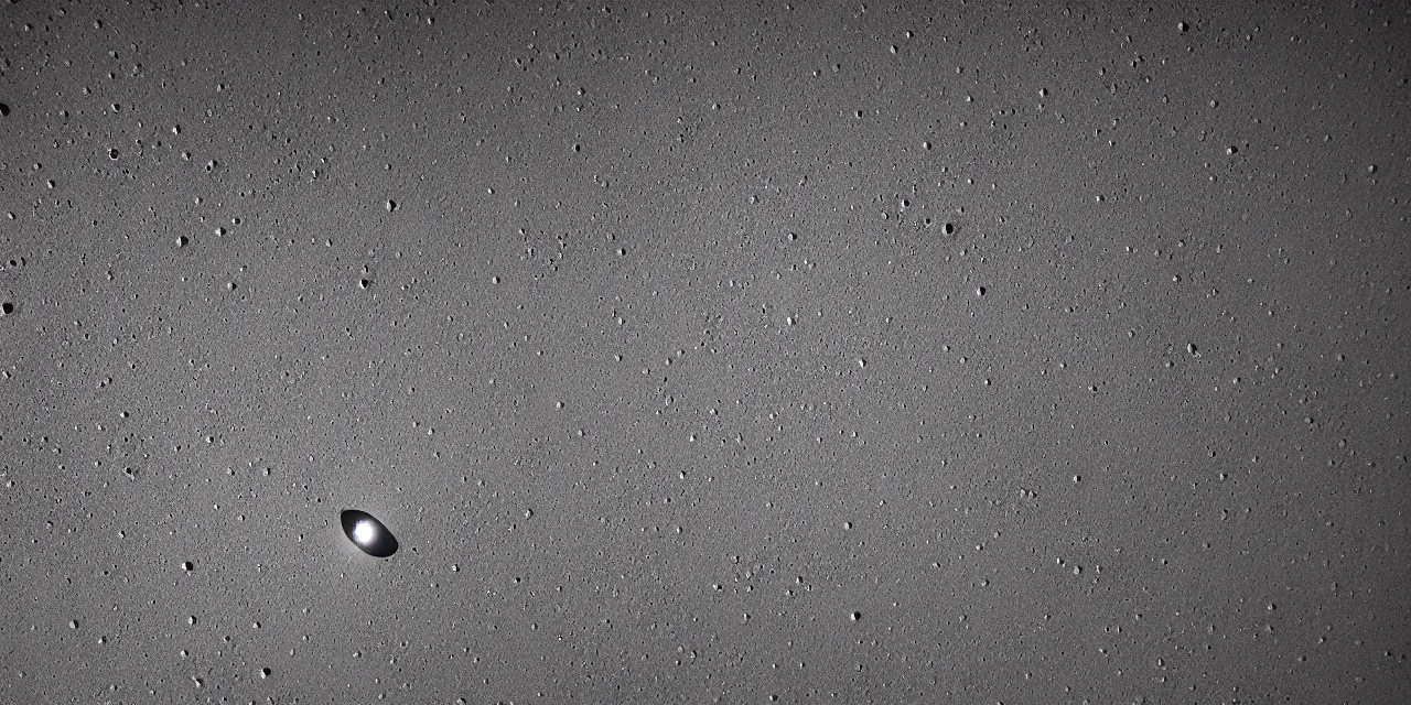 Image similar to ultrawide angle view from the curved surface of the moon, cinematic film still, film grain, glowing landing lights on spaceship landing on, stars and space in the background, fog and dust, full frame photography