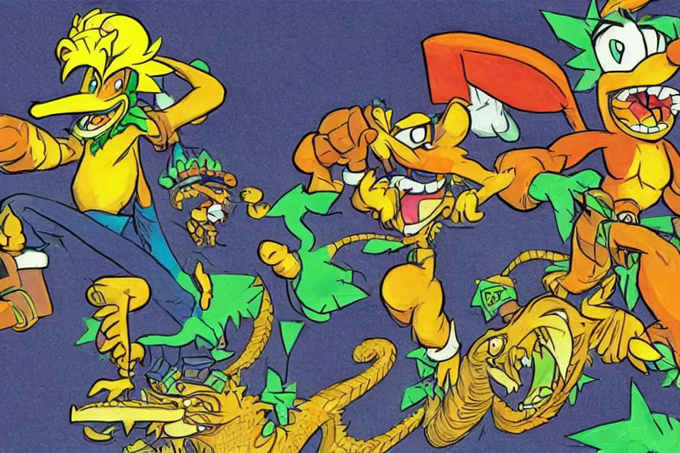 Image similar to concept sketches of crash bandicoot wearing a gold crown riding a large dragon by jamie hewlett, in the style of megaman, micro detail