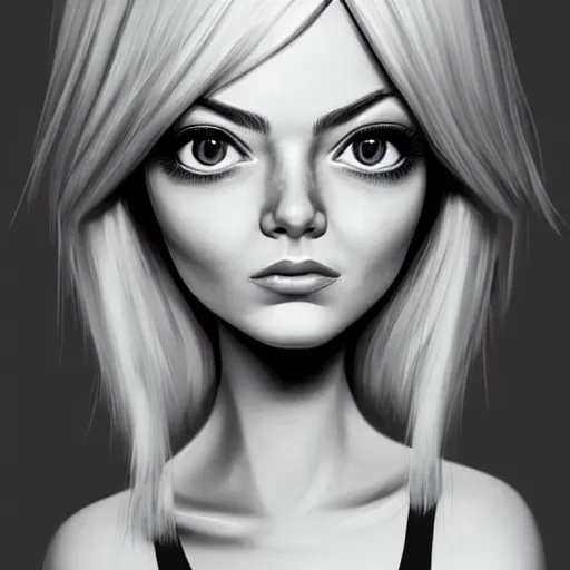 Prompt: emma stone portrait, cartoon face, doll face, glam, character art, digital illustration, big eyes, triangular face, semirealism, ealistic shaded perfect face, fine details, realistic shaded lighting, poster by vince ruz and samdoesarts and sam yang