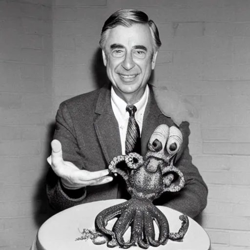 Prompt: mr. rogers proudly displaying a smaller mr. rogers made of octopus, color 1 9 7 0 s photo