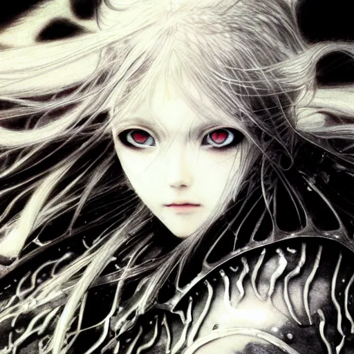 Image similar to Yoshitaka Amano realistic illustration of an anime girl with wavy white hair and cracks on her face wearing Elden ring armour with the cape fluttering in the wind, abstract black and white patterns on the background, noisy film grain effect, highly detailed, Renaissance oil painting, weird portrait angle