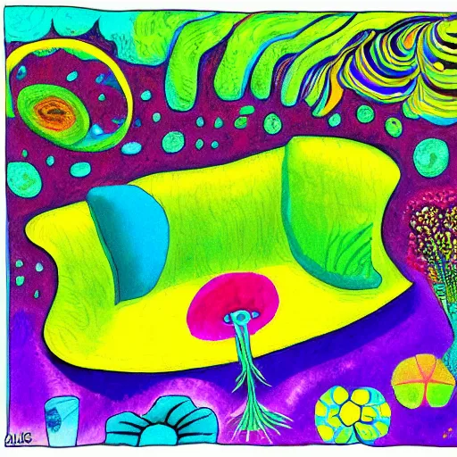 Image similar to psychedelic couch in the lush forest, planets, flowers, milky way, sofa, cartoon by eric carle