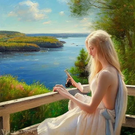 Image similar to blonde woman watching over the swedish countryside, archipelago, masterpiece, highly detailed, beautiful, atmospheric, impressionism, painting by Vladimir Volegov