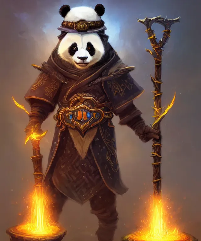 Image similar to a portrait an anthropomorphic panda warlock holding a staff, wearing warlock robes with spiked shoulders, landscape in background, dnd character art portrait, world of warcraft style, by peter mohrbacher, cinematic lighting