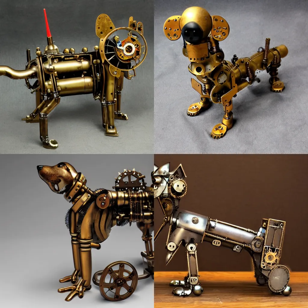 Prompt: a mechanical dog, steampunk