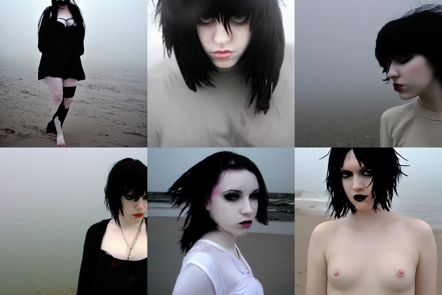 Prompt: a pale emo goth girl, black hair, on the beach on a foggy day, 2006