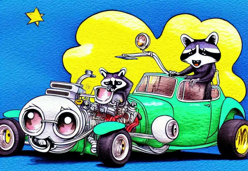 Image similar to cute and funny, racoon with funny expression riding in a tiny hot rod coupe with oversized engine, ratfink style by ed roth, centered award winning watercolor pen illustration, isometric illustration by chihiro iwasaki, edited by range murata