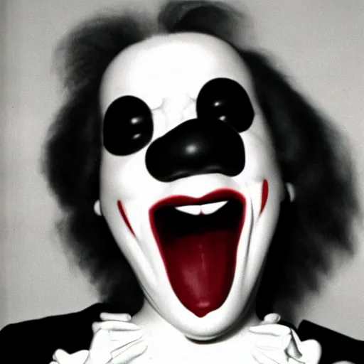 Image similar to creppy 2 0 0 1 photo of ronald mcdonald screaming in a dark room