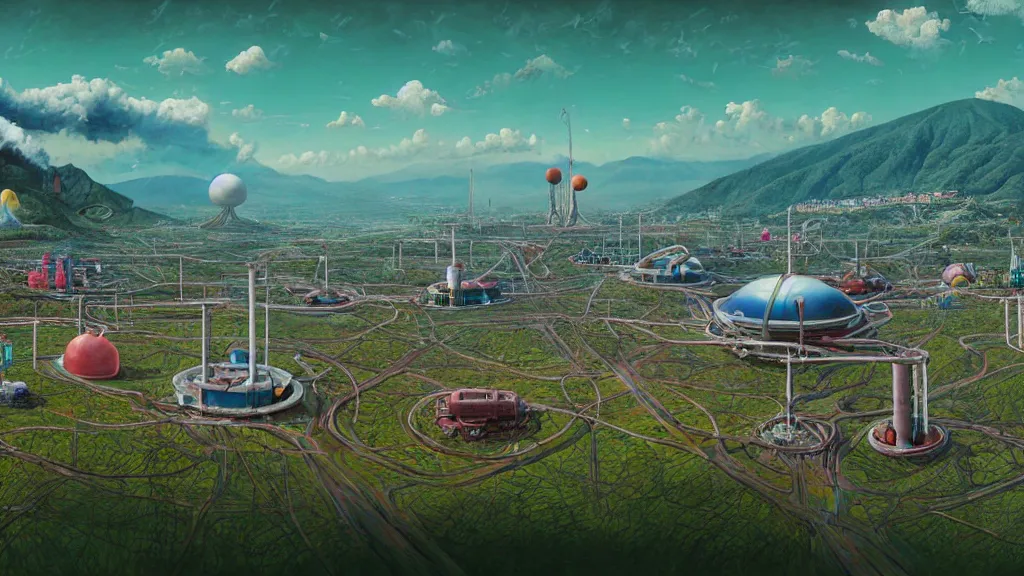 Image similar to Nuclear Breeder Reactors integrated with the town of Quito by Simon Stålenhag and Vincent Callebaut, oil on canvas; Art Direction by Adam Adamowicz; 4K, 8K; Ultra-Realistic Depth Shading