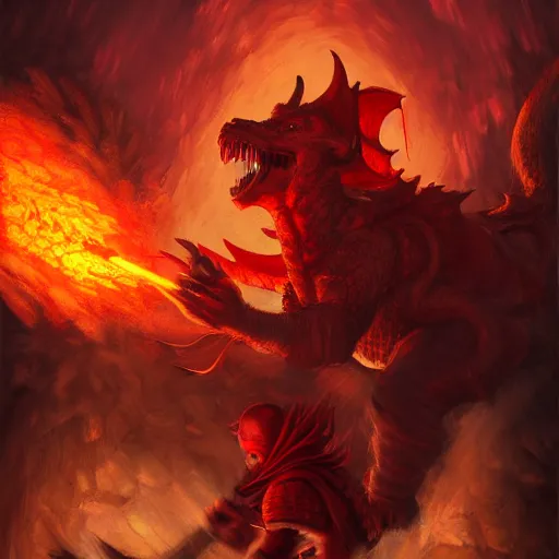 Prompt: A red Dragonborn monk, breathing fire at a huge troll that is climbing out of the Yawning Portal Tavern in Waterdeep, dynamic lighting, low angle, detailed acrylic painting, trending on artstation