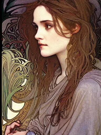 Image similar to a beautiful painting of young winona ryder by Alphonse Mucha and by Mark Brooks and by john william waterhouse and by arthur rackham, Art Nouveau, Neo-Gothic, gothic, award winning painting, hyperdetailed, detailed