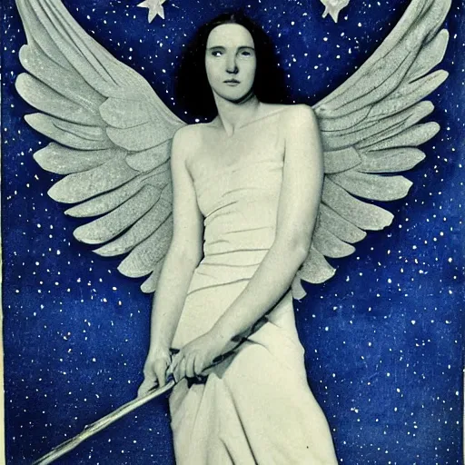 Prompt: by edward weston cosy, ominous. a digital art of a woman with wings made of stars, surrounded by a blue & white night sky. the woman is holding a staff in one hand, & a star in the other. she is wearing a billowing dress, & her hair is blowing in the wind.