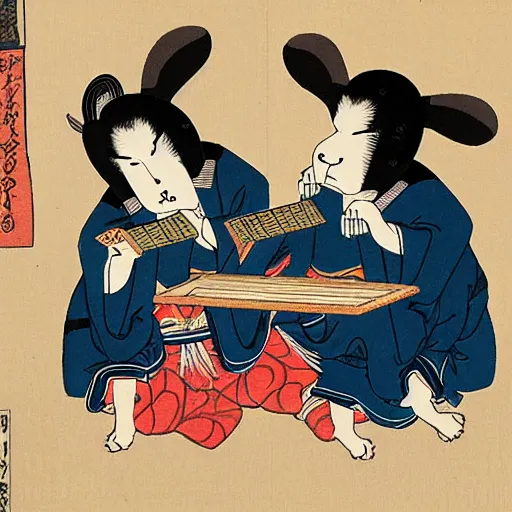 Prompt: edo period ukiyo - e illustration of two bears wearing mens kimono and playing the board game go